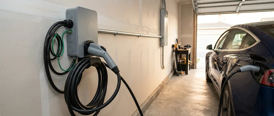 A level-2 EV charger mounted and fully connected on a suburban garage wall, whip landed in the wall box, EMT conduit running back along the wall toward the panel, cable coiled in its holster with the connector plugged into a car in the bay, late-afternoon light through the open door