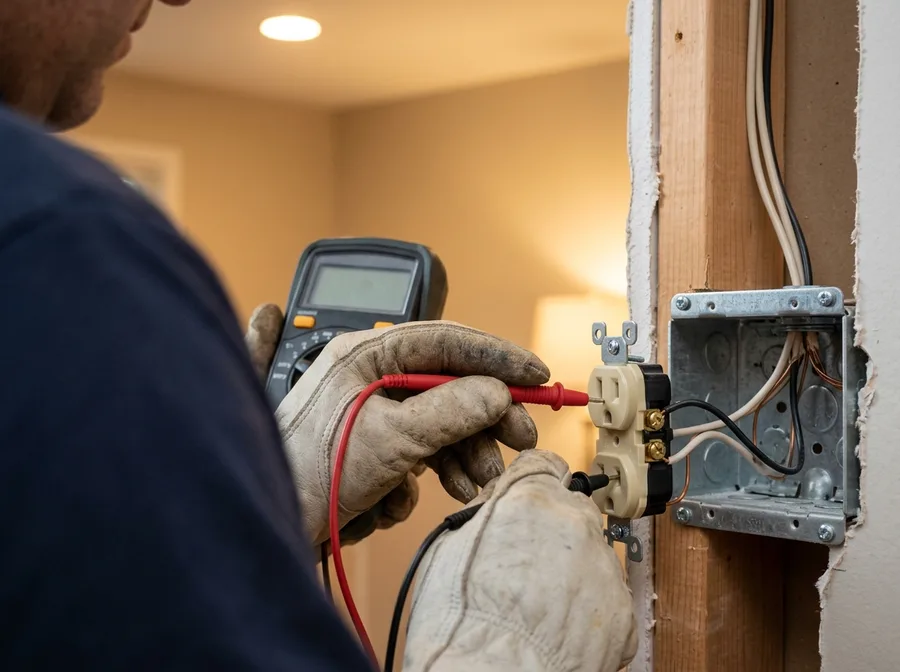 An electrician's gloved hands holding multimeter probes on the terminals of a receptacle still wired into an open wall box, conductors joined into the run behind it, box screwed to the stud, warm interior light