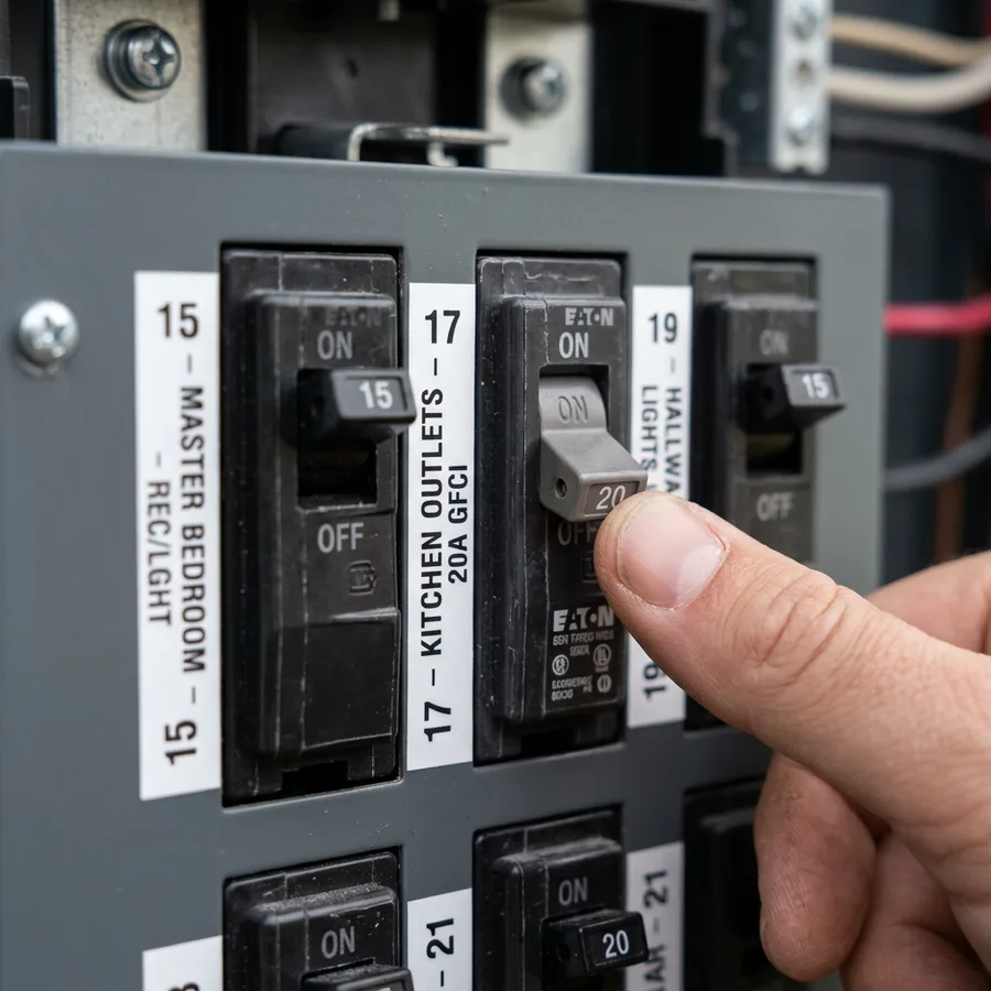 A tight macro of three labelled breakers in a finished 200A panel, a thumb resting on the middle handle, printed circuit labels legible at the edge of focus