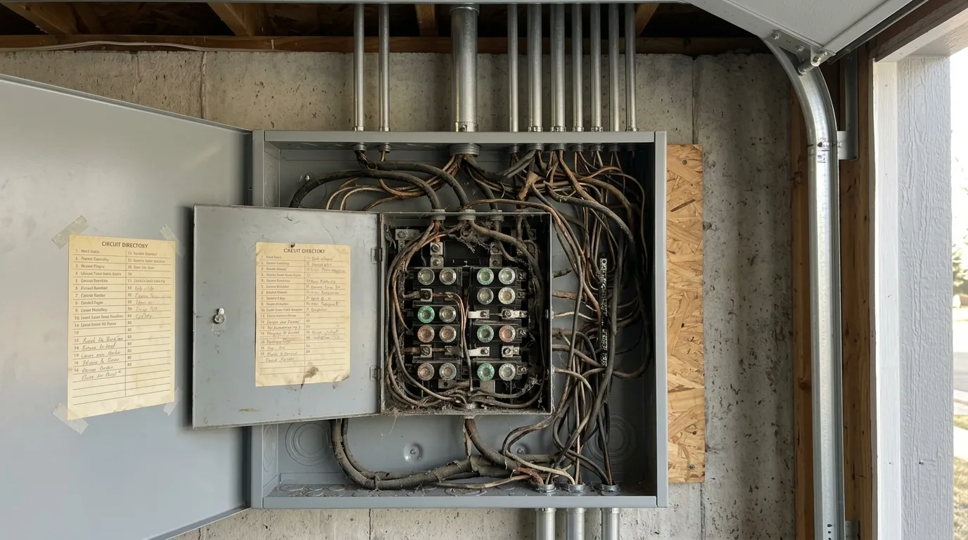 Before: A newly installed 200-amp load centre mounted and fully connected on a Colorado garage wall, dead-front cover off, breaker rows neat with every circuit landed, EMT conduit entering the top of the can and running up into the joists, typed circuit directory inside the door, grey daylight from an open garage door