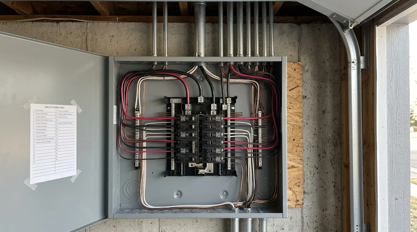 A newly installed 200-amp load centre mounted and fully connected on a Colorado garage wall, dead-front cover off, breaker rows neat with every circuit landed, EMT conduit entering the top of the can and running up into the joists, typed circuit directory inside the door, grey daylight from an open garage door